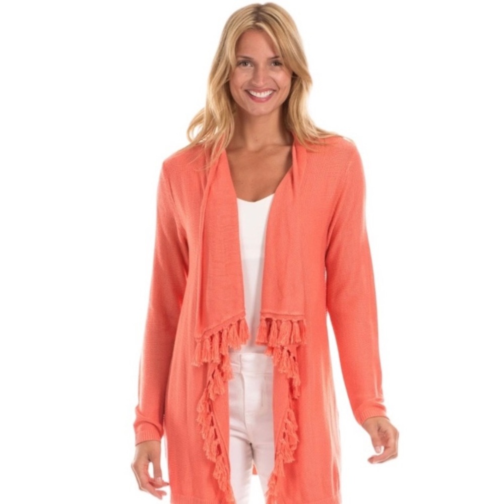 Duffield Lane Womens Ashley Tassel Open Cardigan Sweater Size XS Melon Coral NWT